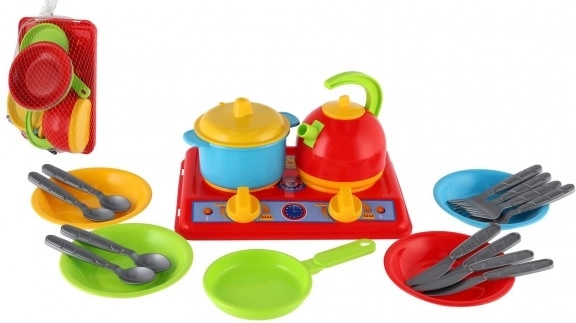 Plastik-Geschirrset mit Kochplatte und Zubehör für Kinder