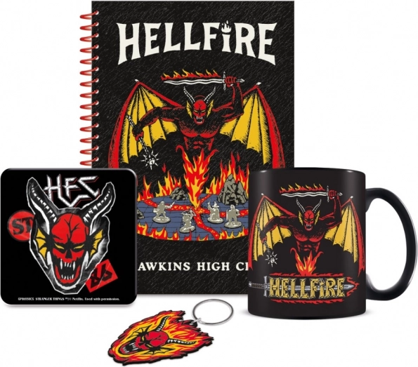 Geschenkset STRANGER THINGS – Tasse, Notizbuch, Untersetzer und Schlüsselanhänger