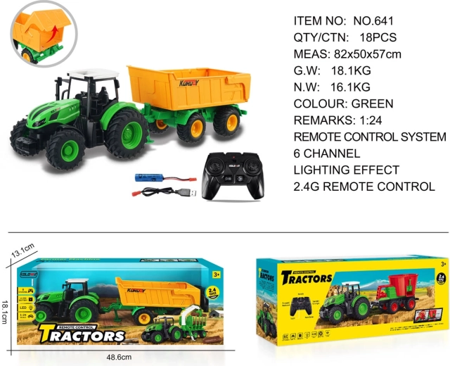 Ferngesteuerter Traktor mit zu öffnendem gelben Anhänger 1:24