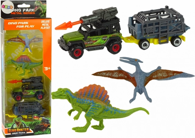Dinosaurier-Set mit Auto, Raketenwerfer und Anhänger mit Käfig