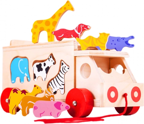 Bigjigs Toys Holz-Zugfahrzeug mit Tieren und Formeneinlage