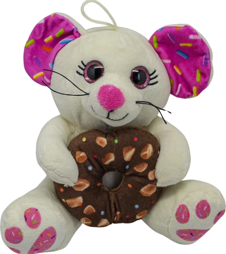 Plüschmaus mit Donut, Weiß, 20 cm
