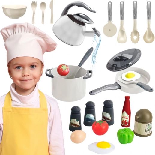 Woopie Küchenset für kleine Köche, Töpfe, Pfanne und Teekanne, weiß, 32 Teile