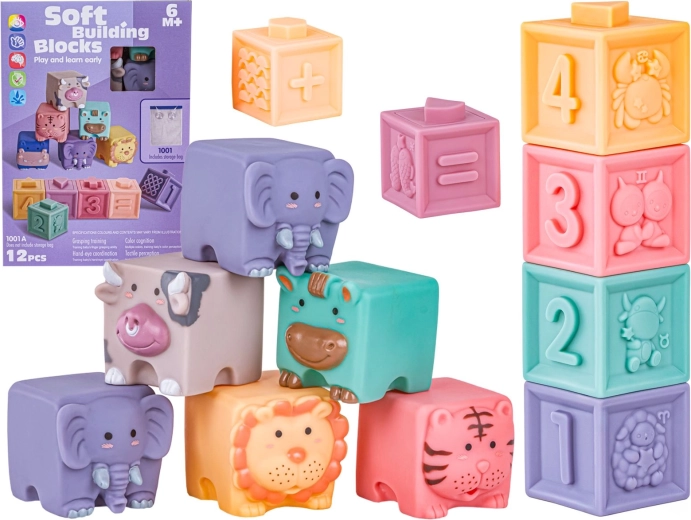 Weiche Silikon-Sensory-Würfel für Babys – Tiere, Formen und Zahlen (12 Stk.)