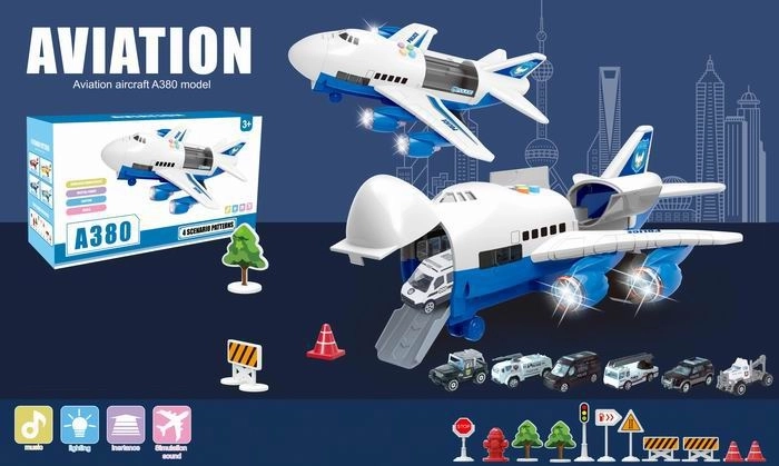 Flugzeug A380 mit Polizeiautos sowie Licht- und Soundeffekten