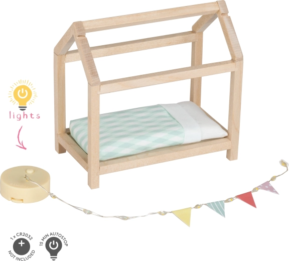 Lundby Holzbett in Hausform mit Beleuchtung für Puppenhaus