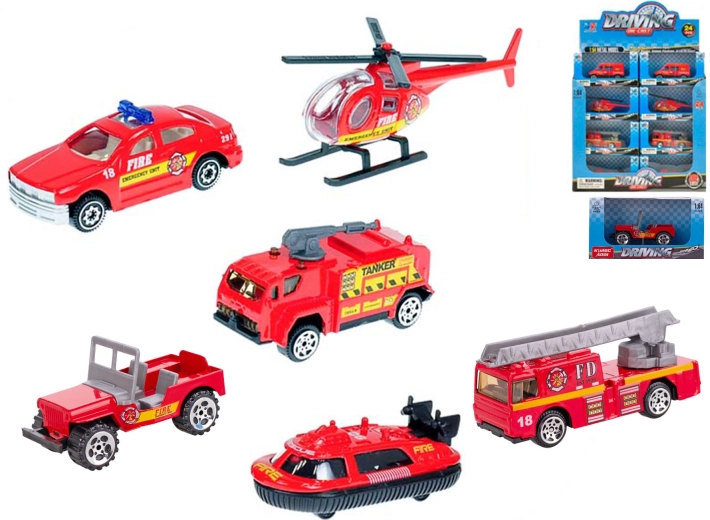 Set aus Feuerwehrfahrzeugen aus Metall 1:64, Freilauf (6 Varianten)