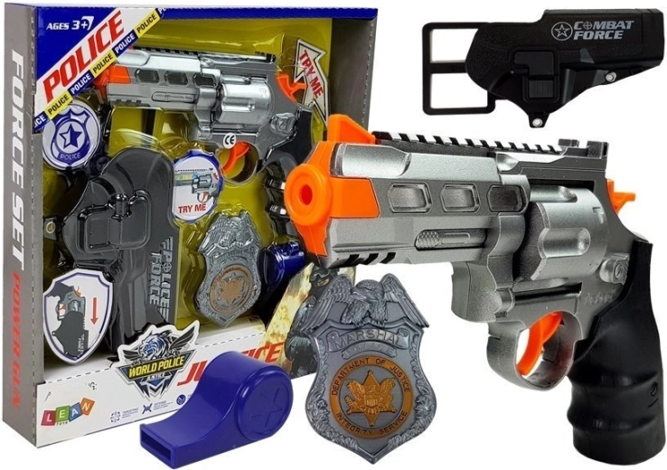 Polizeiset mit 20 cm Revolver, Abzeichen, Holster und Pfeife mit Licht und Sound