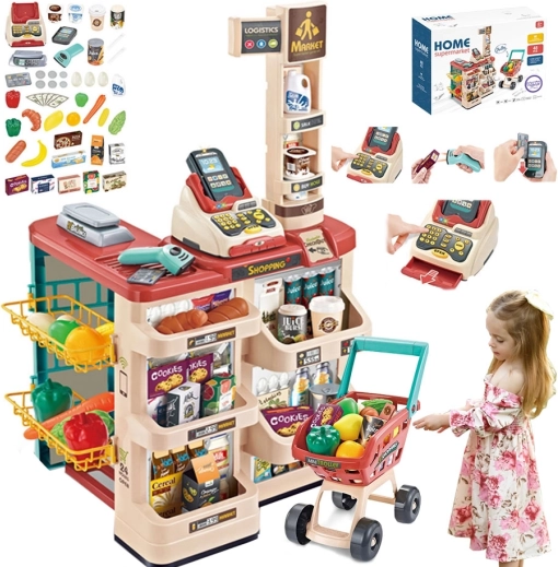 Kindersupermarkt mit Einkaufswagen, Kasse, Waage und Scanner WOOPIE (48 Zubehörteile)