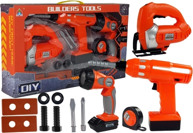 Kinder-Werkzeugset mit Akku-Bohrschrauber, Stichsäge und Taschenlampe – 12 Teile