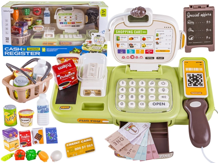 Pädagogische Kinderkasse für den Laden mit Waage, Taschenrechner und Codescanner (30 Teile) – 1 Stück