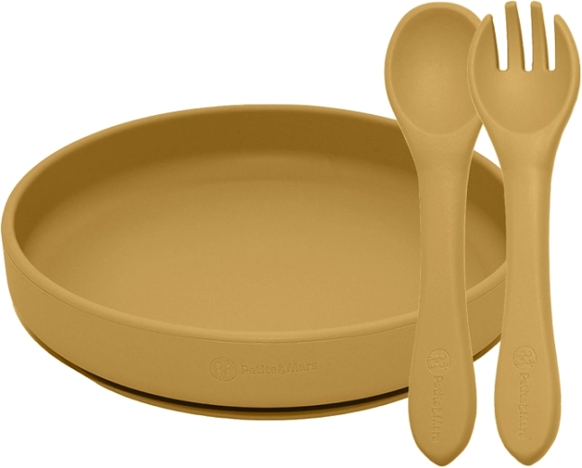 Petite&Mars Ess-Set aus Silikon Take&Match – Teller und Besteck, Intense Ochre, 6m+