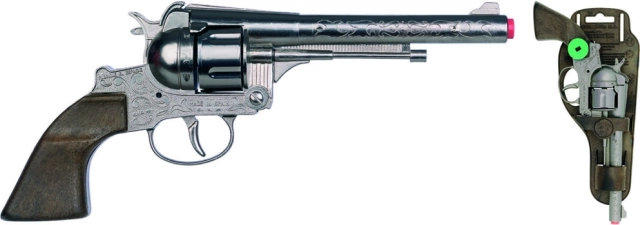 Cowboy-Revolver silbern, aus Metall – 12 Schuss