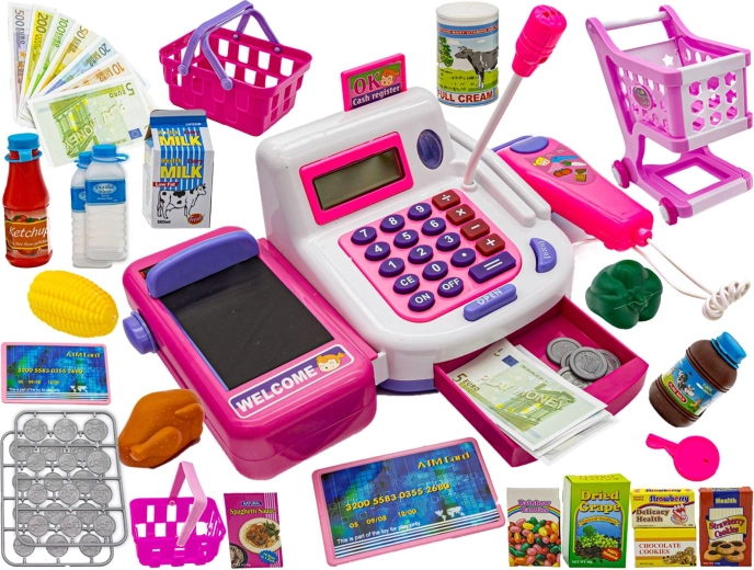 Lern-Kinderkasse zum Spielen mit Taschenrechner, Mikrofon und Zubehör