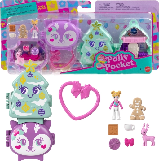 Mattel Polly Pocket weihnachtliches verbindbares Spielset Holiday Connects Baum und Rentier – 2 Stück