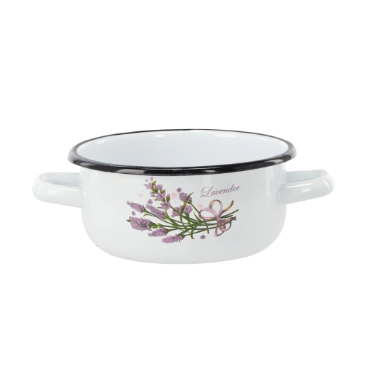 Emaillierter Stieltopf mit zwei Griffen 1,5 l, 16 cm, weiß – Lavendelmotiv