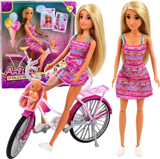 Anlily-Puppe im rosa Kleid mit Fahrrad, Kindersitz und Baby