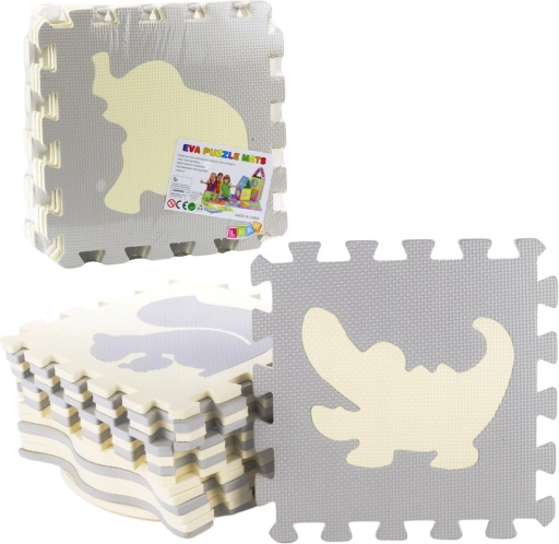 Weiche EVA-Puzzlematte mit Tieren, beige und grau, 9 Teile
