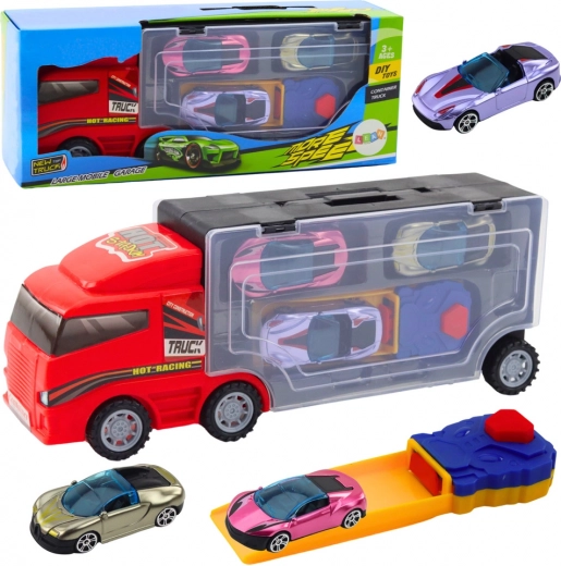 Roter LKW mit mobiler Garage und Abschussrampe + 3 Autos