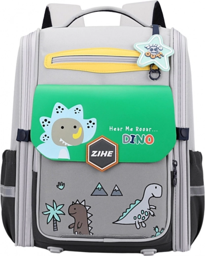 Schulrucksack mit Dinosauriermotiv mit Brustgurt graugrün 21L