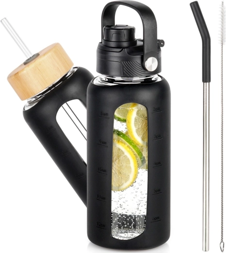 Glas-Wasserflasche mit schützendem Silikonetui und austauschbaren Deckeln, Schwarz 800 ml