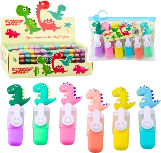 Set Mini-Textmarker mit Dinosaurierclips in Etui, 6 Stk.