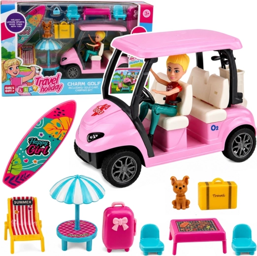 Golf-Set mit rosa Golfwagen, Puppe, Hündchen und Urlaubsaccessoires