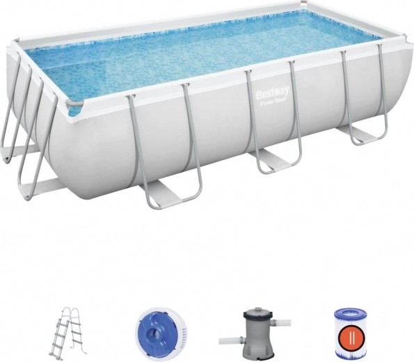 Gartenpool mit Metallkonstruktion 404 × 201 × 100 cm BESTWAY POWER STEEL, grau, Set mit Pumpe und Leiter