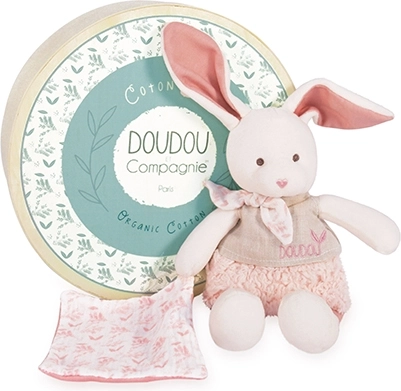 Geschenkset – Plüschhäschen mit rosa Decke aus Bio-Baumwolle