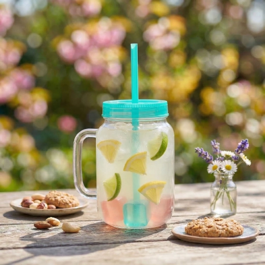 Grüner Becher mit Strohhalm und Kühlwürfeln, 550 ml