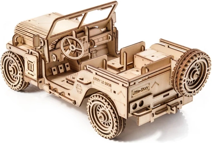 Detailliertes Holzmodell eines Militärfahrzeugs
