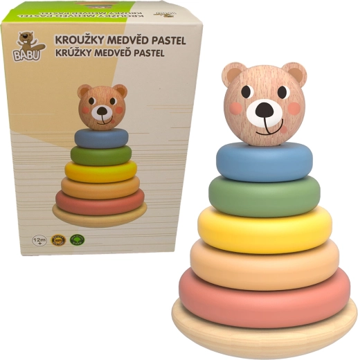 Babu Holz-Steckpyramide mit pastellfarbenen Ringen Bär