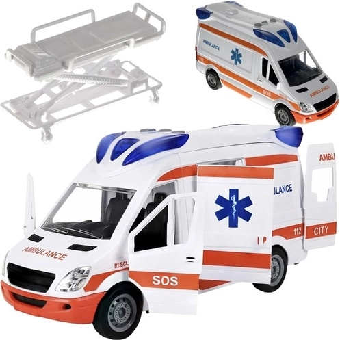 Feuerwehr-Rettungsambulanz mit Licht und Sound, öffnenden Türen und Trage