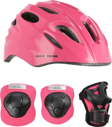 Kinder-Set aus Helm und Schützern NILS Extreme, rosa – GRÖSSE XS