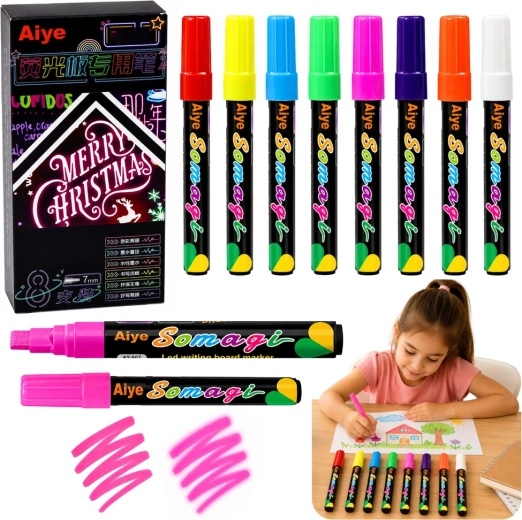 Set aus 8 neonfarbenen Flüssigmarkern mit Keilspitze