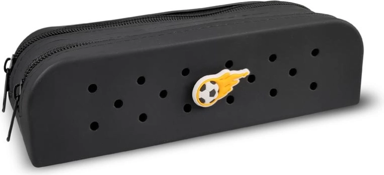 Gifty doppeltes Silikon-Federmäppchen, schwarz, mit dekorativem Pin
