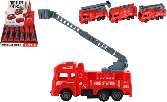 Plastik-Feuerwehrauto 11 cm mit Rückzug, 4 Varianten, Box mit 12 Stück