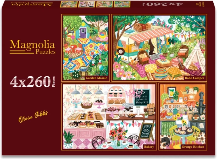 Magnolia Puzzle-Set Gartenmosaik, Camping, Bäckerei und Landhausküche 4×260 Teile