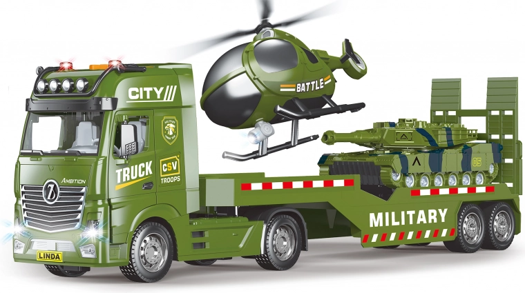 Militär-Autotransporter mit Hubschrauber und Effekten 55 cm
