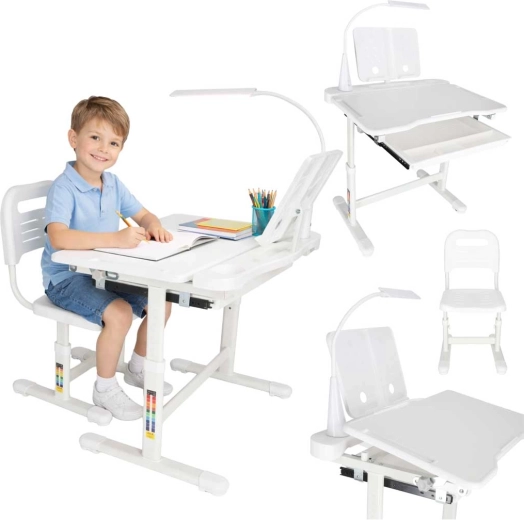 Wachsender Kinderschreibtisch mit Stuhl und LED-Lampe, weiß