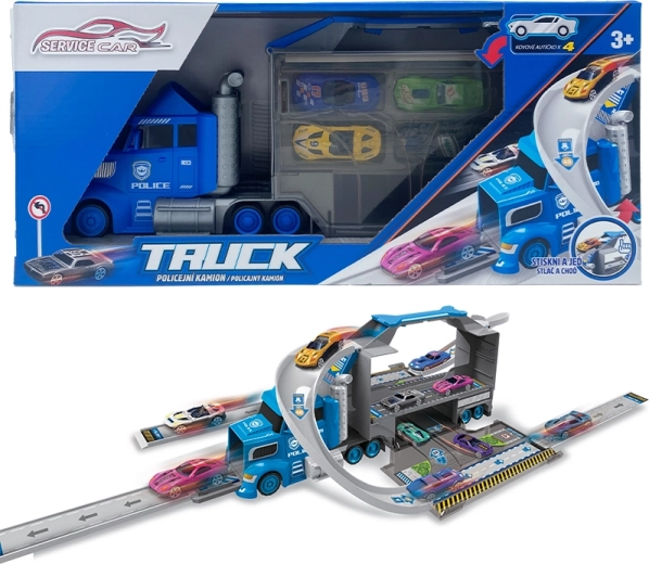 Polizei-LKW 2-in-1 mit 4 Autos und Verkehrszeichen