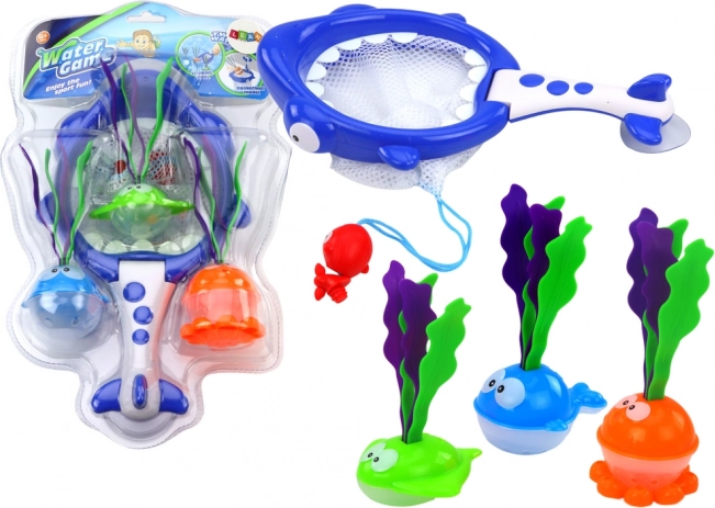 Badespielzeug 2-in-1: Hai-Sieb und Korb mit Fischen und Algen