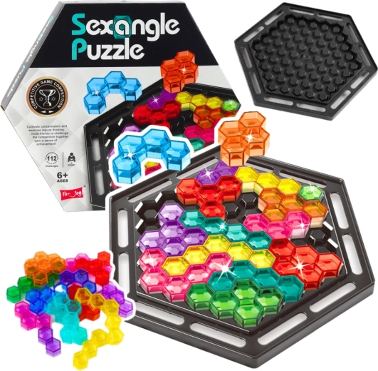 Logikspiel SEXANGLE PUZZLE – hexagonales Tetris mit 16 Teilen und 112 Aufgaben