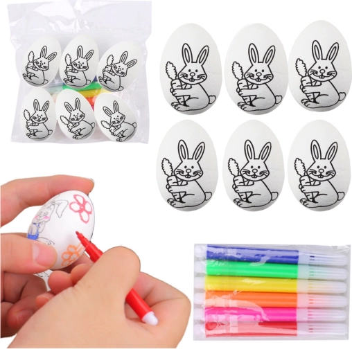 Oster-Polystyren-Eier zum Bemalen mit Hasenmotiv, Set mit 6 Stück und Filzstiften