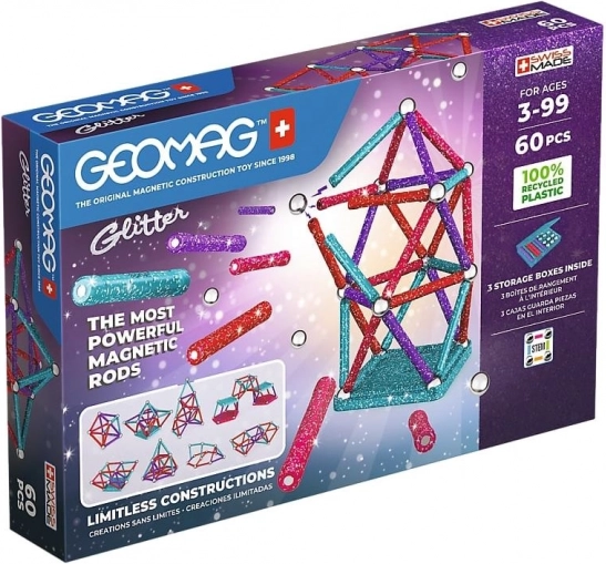 Geomag Glitter glitzerndes magnetisches Bauset aus recyceltem Kunststoff, 60 Teile