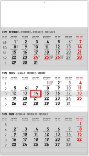 Wand-Dreimonatskalender mit tschechischen Namen 2026 grau