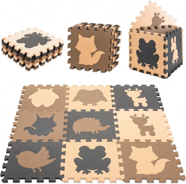 Lern-Spielmatte aus EVA-Schaum mit Tieren, beige, 85 × 85 cm, 9 Teile
