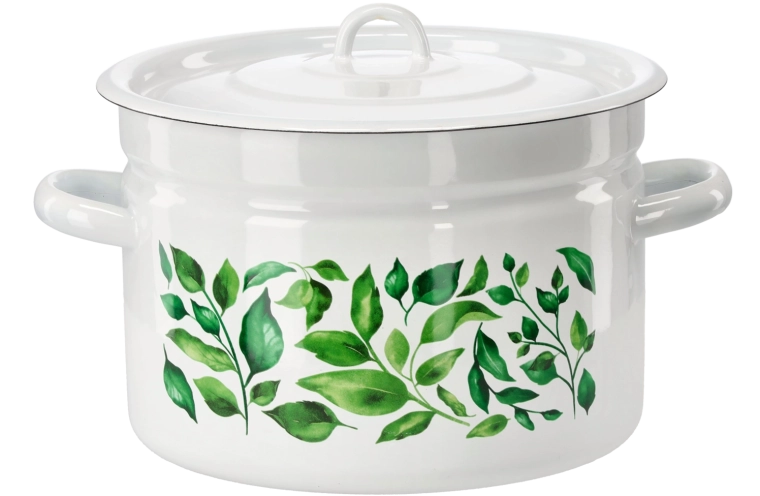 Emaille-Topf 9 l, 26 cm, weiß mit Ficus-Dekor, mit Deckel