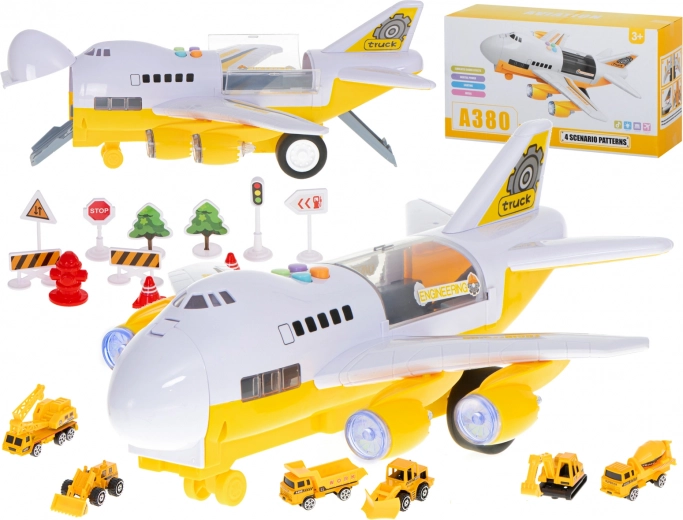Transportflugzeug mit Baufahrzeugen, öffnendem Rumpf und Lichteffekten
