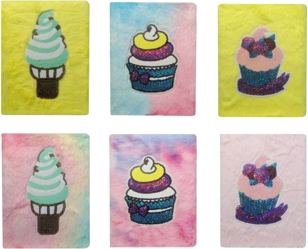 Plüsch-Tagebuch mit Pailletten-Muffins und Eiscreme